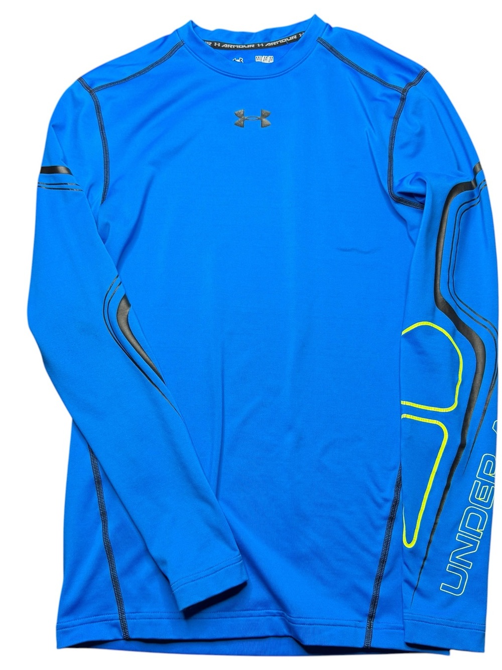 Under Armour ColdGear Mens M Compression Shirt Blue Yellow Stretch Long Sleeve